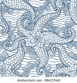 Seabed illustration. Vector seamless pattern with sea stars. Abstract decorative illustration.  Exotic tropical design.