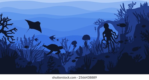 Seabed landscape background. Vector underwater scenery with marine life, ocean or sea floor. Water depth backdrop with flora and fauna, fish. Aquatic bottom and life. Nature, ecosystem, biodiversity.