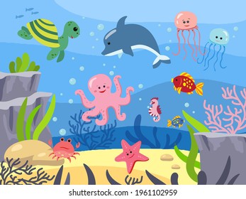 Seabed with mammals, underwater world. Animals of the sea. Background in cartoon style. Vector illustration. Ocean depth