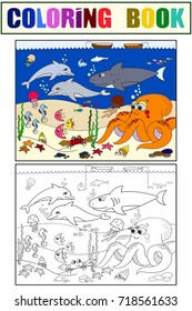 Seabed with marine animals. Vector coloring for kids, cartoon. Fish, octopus, shark, dolphin, boat, fishing, starfish, fish moon crab cancer bottom seaweed waves and sea horse