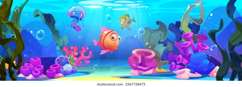 Seabed with marine habitats and algae - cartoon underwater landscape with fishes and jellyfish, seaweeds and corals on ocean or aquarium bottom. Sea world animals and plants - aquatic creatures.