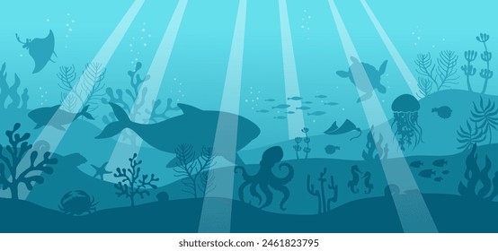 Seabed ocean floor seascape cartoon vector Illustration. Marine underwater world coral reef landscape background. Undersea bottom with animals and fish, seaweeds, and corals. Underwater nautical art