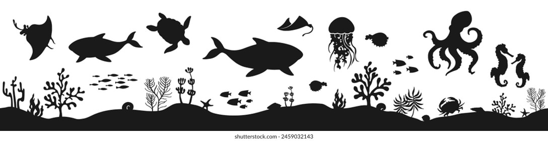 Seabed ocean floor seascape silhouette vector Illustration. Marine underwater world coral reef landscape background. Undersea bottom with animals and fish, seaweeds and corals. Underwater nautical art