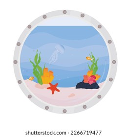 The seabed in the porthole. vector stock illustration. Starfish, algae, corals, reefs, shells, sand. Isolated on a white background.