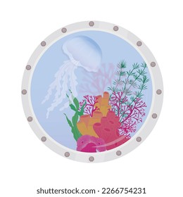The seabed in the porthole. vector stock illustration. Starfish, algae, corals, reefs, shells, sand. Isolated on a white background.