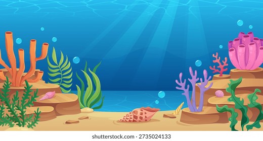 Seabed scene with cute shells and corals on sand with plants and algae. Cartoon ocean landscape with purple sponges, green kelp fronds and gentle light beams filtering through blue water above.