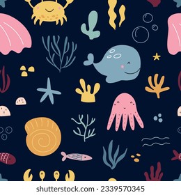 Seabed seamless pattern with algae, corals and cute sea inhabitants, seahorses, small crabs and fish, with anchor, shells and starfish. Childish vector hand-drawn illustration with colorful palette.