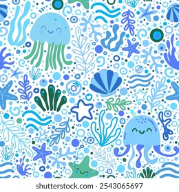 Seabed seamless pattern with jellyfish, corals and cute starfish. Childish vector hand-drawn illustration with colorful palette. Print for kids