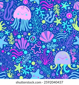 Seabed seamless pattern with jellyfish, corals and cute starfish. Childish vector hand-drawn illustration with colorful palette. Print for kids