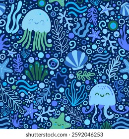 Seabed seamless pattern with jellyfish, corals and cute starfish. Childish vector hand-drawn illustration with colorful palette. Print for kids
