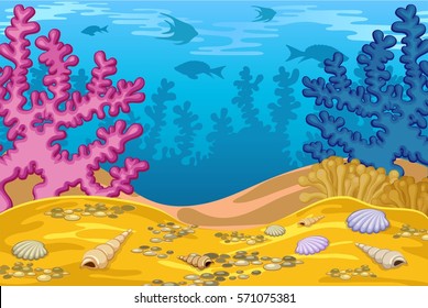 seabed with seaweed and stones with colored Corral