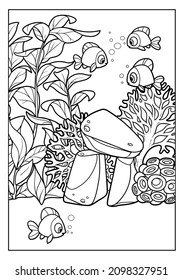 Seabed with stones, corals, algae, fishes and anemones  outlined variation for coloring page
