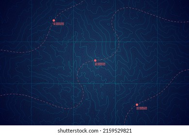 Vektor Topographie-Karte mit Routen und Koordinaten der konzeptionellen Benutzeroberfläche, dunkelblauer Hintergrund. Physikalische Geographische Seetiefe Topologie Hilfe GPS Satellitennavigationstechnologie