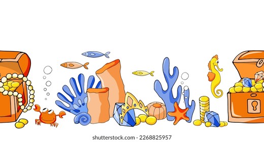 Seabed with treasure chest, gold, gems, jewelry and underwater inhabitants on white background. Cartoon vector illustration for children's decoration. Seamless border.