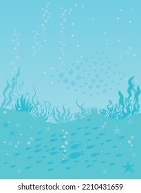 seabed vector with marine life. shoals of fish against the backdrop of seaweed and coral reefs