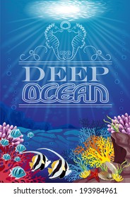 Seabed where there are fish coral and shells with pearl-editable-various level-The writing can be removed and replaced with your own text-transparency and  blending effects gradient mesh-EPS 10