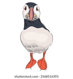 Seabird Atlantic puffin is a symbol of Iceland. A bird with bright red legs and a large beak lives on the rocks. Vector illustration on a transparent background. Hand draw image.