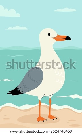 Seabird calm Seagull stands standing on sand near sea water. Seascape with turquoise water and sky with clouds. Vector illustration. Vertical poster background with marine nature and cute bird