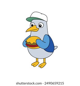 Seabird in Cap Eating Burger Vector Illustration