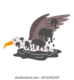 Seabird covered in oil spill slick. Environmental disaster, water pollution, ecological damage concept. Vector illustration.