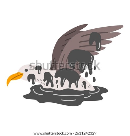 Seabird covered in oil spill slick. Environmental disaster, water pollution, ecological damage concept. Vector illustration.