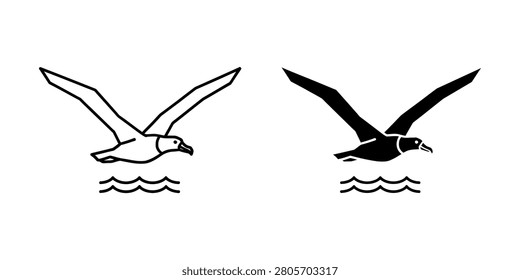 Seabird in flight over ocean waves vector icon with wildlife illustration silhouette isolated collection environment