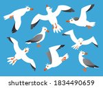 Seabirds, seagull cartoon vector illustration. Atlantic seabirds, seagulls fly in the blue sky. Sea, ocean, seagull, bird set. Big package oceanul isolated on sky background. Vector illustration