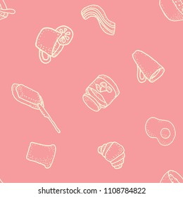 Seabless vector pattern with breakfast on pink background for wrapping, craft, textile