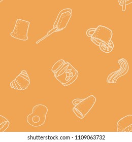 Seabless vector pattern with breakfast on black background for wrapping, craft, textile