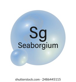 Símbolo de elemento Seaborgium. Esferas brillantes azules. Concepto de química. Ilustración vectorial. Gráfico científico.