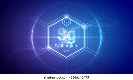 Seaborgium (Sg) (106) Superheavy Element - Fundamental Element Futuristic Neon Light Glow Hexagon Block Grid Background Design - Periodic Table, Chemical Symbol, Name, Atomic Mass, Atomic Number