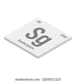 Seaborgium, Sg, gray 3D isometric illustration of periodic table element with name, symbol, atomic number and weight. Synthetic element with no known commercial or industrial uses, but has been used