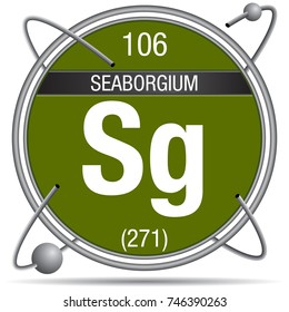 Seaborgium symbol  inside a metal ring with colored background and spheres orbiting around.  Element number 106 of the Periodic Table of the Elements - Chemistry