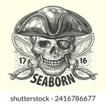 SEABORN. Pirate in cocked hat with crossed sabers. Skull head sketch vintage vector illustration