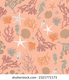 Seabreeze catwalks abstract conversational coral reef tropical playful sea creatures nautical seamless pattern graphic vector artwork