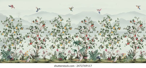 SEABROOK Designs Citrus Grove Nonwoven Unpasted Wall Mural, Wallpaper Design,Watercolor background, Birds.