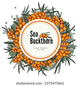 Sea-buckthorn berries food label or packaging sticker template hand drawn sketch style vector illustration isolated on white background. Label for food and cosmetics.