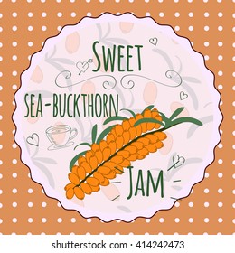 Sea-buckthorn jam vector logo. Homemade jam logo. Sweet sea-buckthorn jam. Sea-buckthorn illustration. Berry jam illustration.