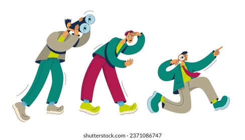 Seach concept. Men using magnifying glass, binoculars seach for something