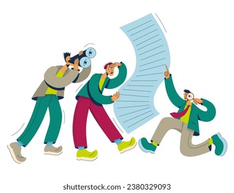 Seach concept. Men using magnifying glass, binoculars seach for something in paper document