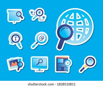 diseño de iconos de conjuntos de estilos de gradiente de búsqueda, herramienta de lupa y tema de lupa Vector ilustración