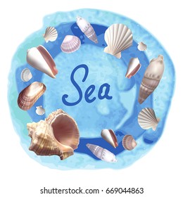 Seachels different shapes on blue watercolor background. Vector illustration