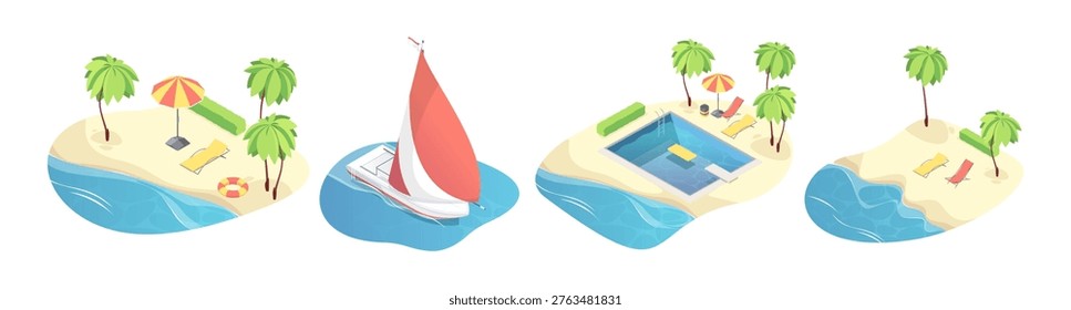 Seacoast and beach landscapes with vacation elements. Vector isometric yachts and swimming pools, palm trees and sunbathing areas. Travel and summer leisure. Websites, presentations and infographics