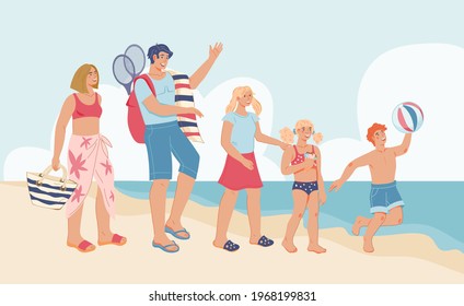 Seacoast with happy family on summer vacation, flat vector illustration. Parents with children on sea beach. Mother, father and kids enjoying summer vacation.