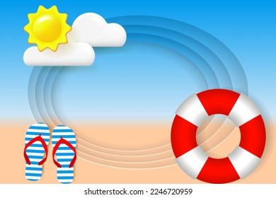 Seacoast landscape. Blue sky, sun, clouds, striped flip-flop sandals and  lifebuoy on the layered background. Realistic 3d objects