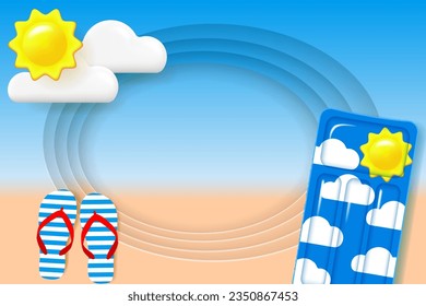 Seacoast landscape. Blue sky, sun, clouds, striped flip-flop sandals and float mattress on layered background