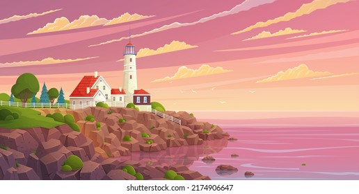 Seacoast with lighthouse and houses at sunset. Landscape of nature with sea or river and buildings. Lighthouse on bank, rocky shore. Beautiful scenic landscape, picturesque scenery with view of beacon