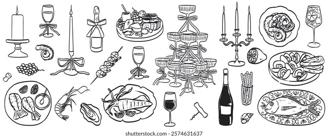 Seacoast sea fish inspired wedding food and drinks in italian dolce vita style decorated with bow and ribbon. Doodle seafood vector illustrations in ink chalk sketch style for party menu design.