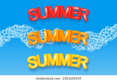 Seacoast, top view. Sea, surf, and 3D text SUMMER. Vector illustration