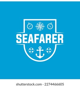 Seafarer - Nautical retro emblem in hipster style on a blue background. Sailor vector for T-shirt Printing Badge Label